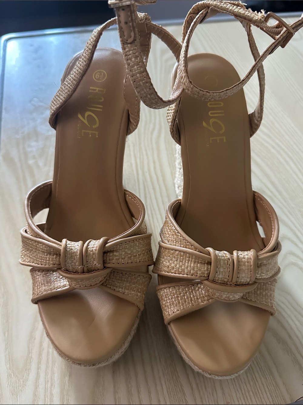 Rouge Helium Beige Woven Bow Platform Wedge Sandals